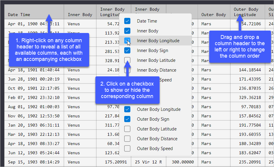 Customizing the events table