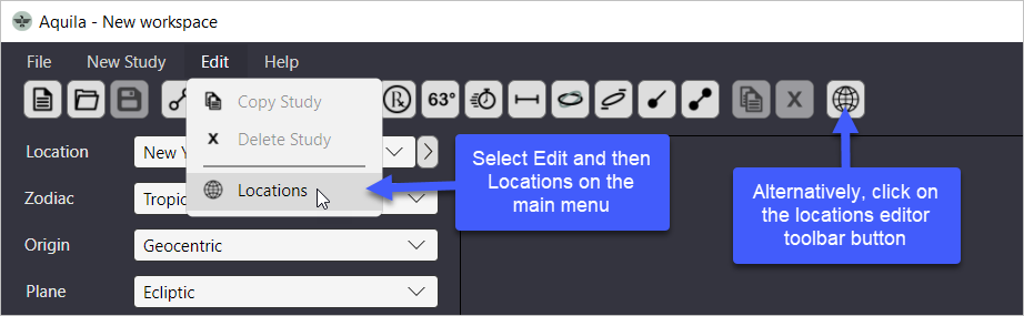 Opening the Aquila locations editor