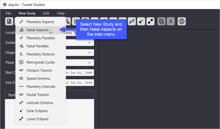 New Natal Aspects study menu selection